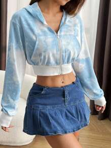 SHEIN EZwear 打褶染色拉鍊連帽短款衛衣