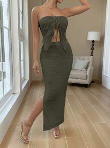 Chiquease 打結前綁帶無肩帶上衣＆分叉大腿裙 - 綠色 - 查看 6