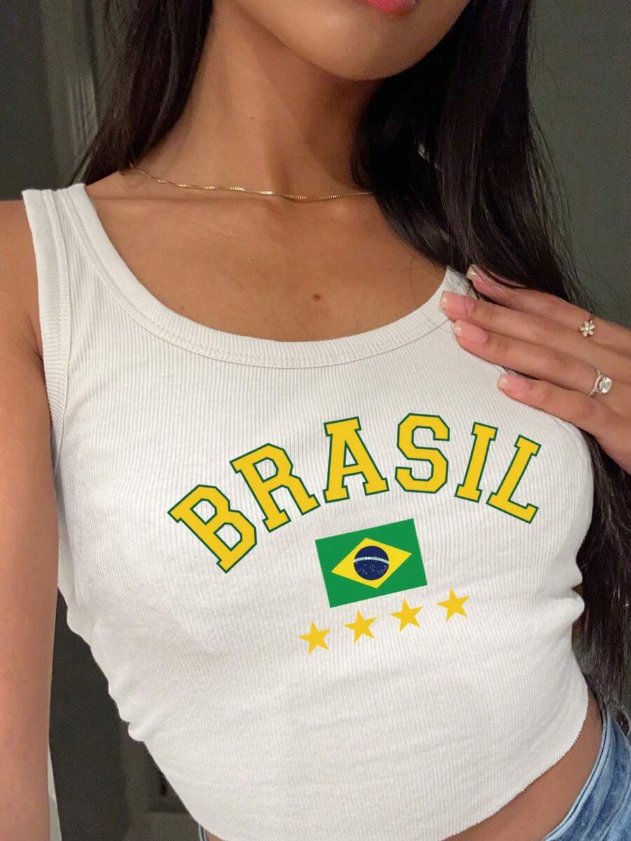SHEIN EZwear Camiseta sin mangas con diseño de bandera de Brasil BRASIL para mujer estilo Y2K - Blanco - Ver 1