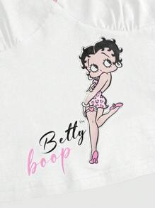 Betty Boop | ROMWE Plus Figure & Letter Graphic Lace Trim Halter Top - White - View 2