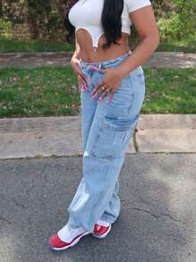 美式休闲基本款洗水多口袋工装牛仔裤 - 淺色水洗藍 - 查看 6