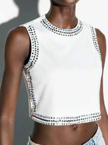 Maija Women Rhinestone Decor Tank Top For Back To School - White - View 2