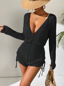 Swim Vcay Bộ đồ liền thân dệt kim dài tay thường ngày cho kỳ nghỉ hè của phụ nữ - màu đen - Xem 5