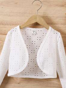 年輕女孩針織空心實色長袖短款開襟衫 - 白色 - 查看 7