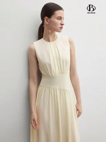 BizChic Váy hàng ngày mùa hè không tay đơn giản màu trơn cho nữ - Màu be - Xem 4
