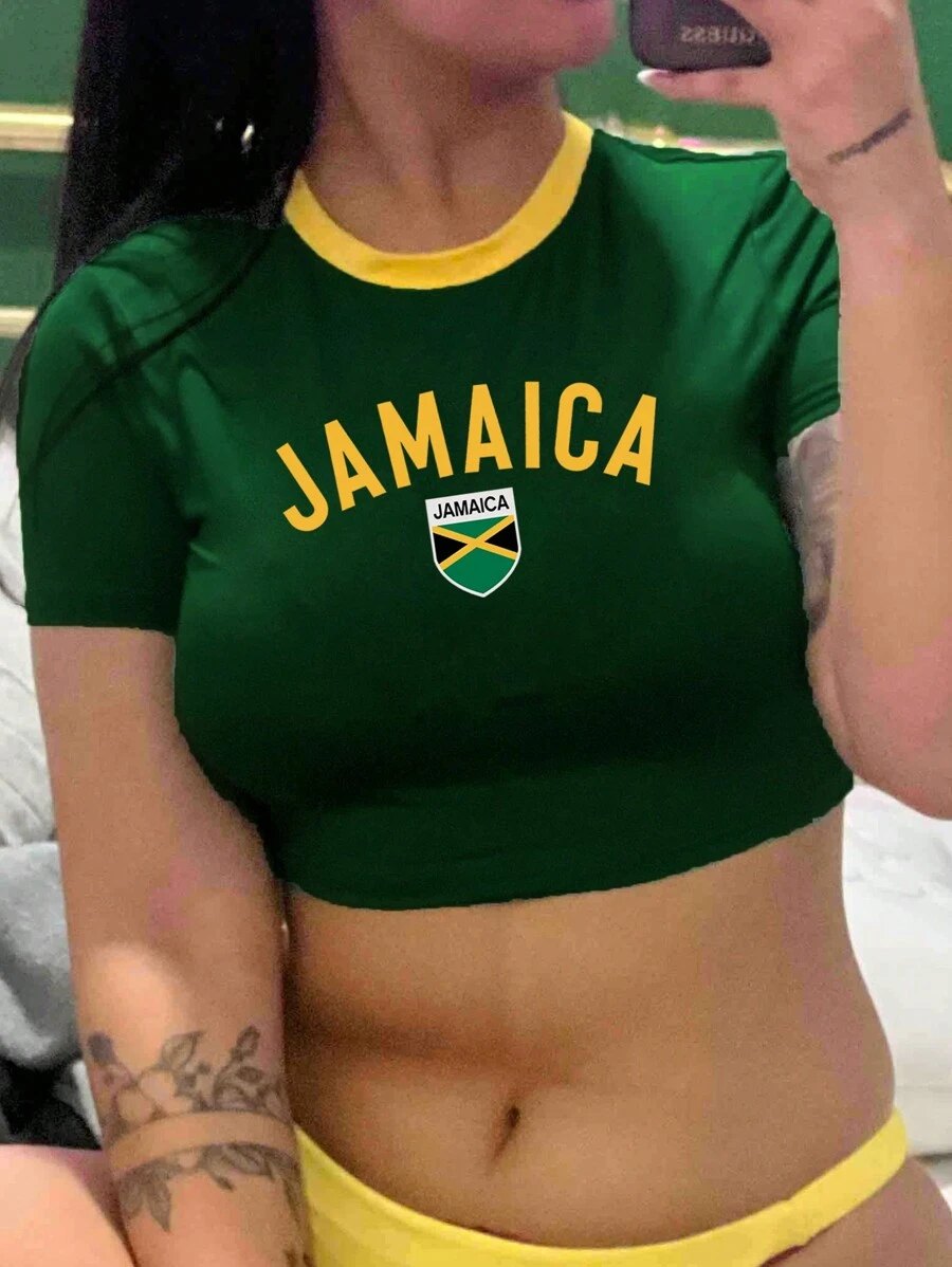 Flirla Áo thun ngắn tay in họa tiết Jamaica cho mùa hè - xanh quân đội - Xem 1