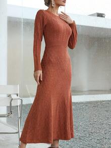 Knit Mix 秋冬長袖針織毛衣裙（圖案隨機） - 鏽棕色 - 查看 4