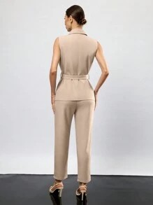 SHEIN Privé Lapel Neck Belted Vest Blazer & Pants  - Khaki - View 2