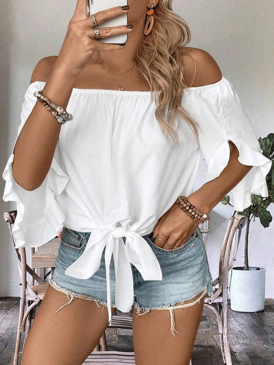 EMERY ROSE Blusa plus de hombros descubiertos con nudo en el dobladillo - Blanco - Ver 1