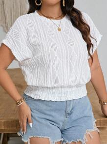 SHEIN Frenchy Plus Size Casual Texture Fabric Round Neck Batwing Sleeve Top With Drawstring - White - View 3
