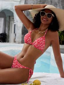 SHEIN Swim Ditsy Floral Print Halter Triangle Bikini Set Summer - Red and White - View 5