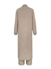 女士 2 件套优雅纯色圆领开衫连衣裙和松紧腰宽松裤套装，适合生日、花园派对、婚礼、工作、休闲装、春夏/秋季 - 卡其色 - 查看 2