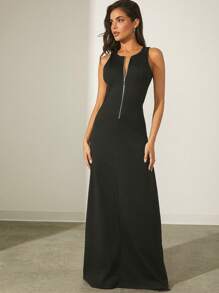 Denimoi Robe de soirée maxi élégante à zip avant moulante