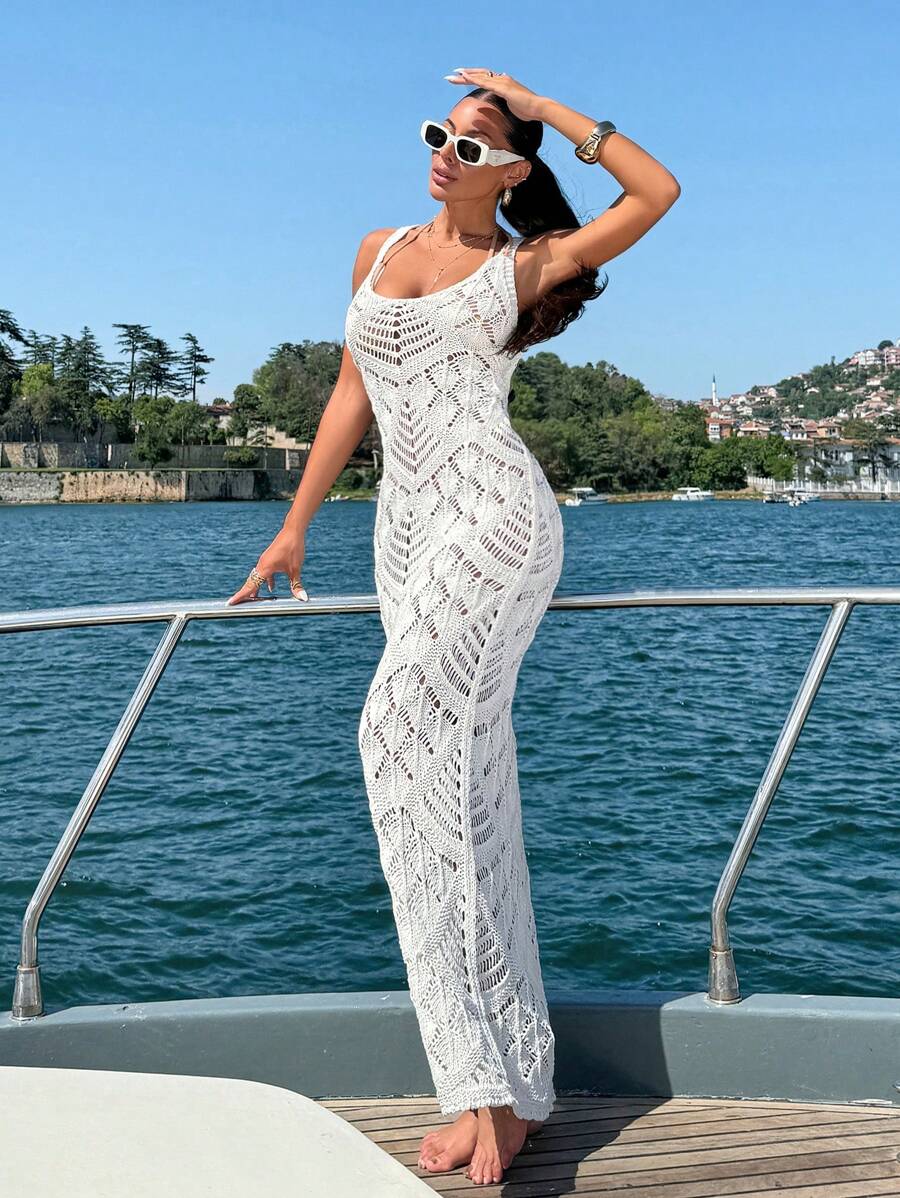 EURMUSE Hollow Out Sleeveless Cover Up Dress, For Summer Beach Vacation - Apricot - View 1