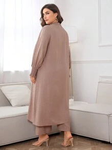 Al Najma Plus Solid Button Front Coat & Pants For Summer, Modest Longline Shirt Set 2 Pieces Set - Khaki - View 2