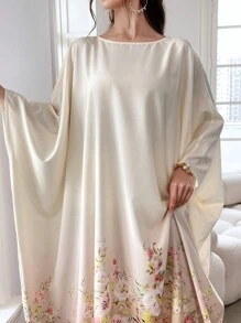 Yasmyna Váy Kaftan tay cánh dơi in hoa, váy Ả Rập dài tay giản dị - Màu be - Xem 4