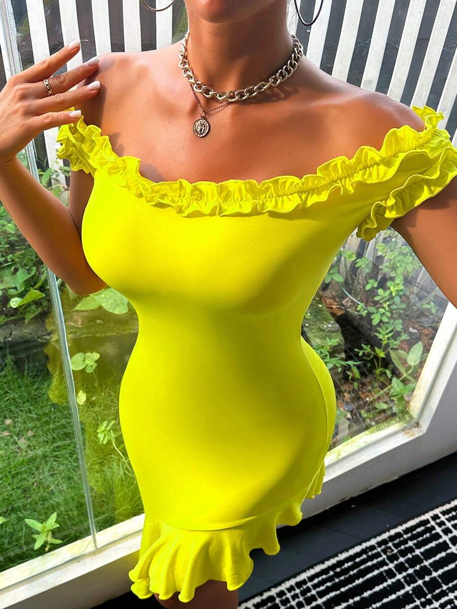 Zolique Váy Maxi Tay Ngắn Hở Vai Xếp Ly Màu Trơn Cho Nữ Mùa Hè Trang Phục Dự Tiệc Trở Lại Trường Học Trang Phục Nữ - Màu vàng - Xem 1
