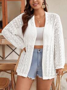 SHEIN Frenchy 大碼露空長袖夏日假日開衫 - 白色 - 查看 6