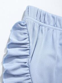 2pcs Teen Girls' Round Neck Lantern Sleeve Top & Tight Ruffle Trim Mini Skirt Set, Summer - Dusty Blue - View 8