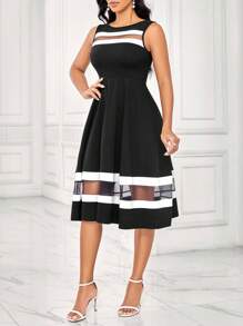 SHEIN Lady Women's Sleeveless Black And White  Color Block A-Line Dress Women Vintage Clothes Teacher Dress   Women Dresses - Multicolor - View 4