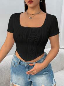 SHEIN EZwear 大码白色针织女式修身 T 恤 - 黑色 - 查看 5