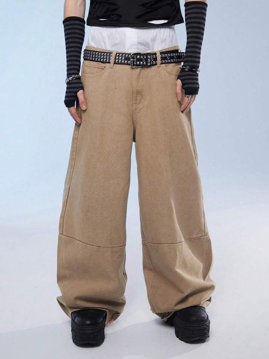 Manfinity Denimwave Men's Casual Loose Fit Wide Leg Denim Jeans With Pockets, Street Style - Khaki - View 1