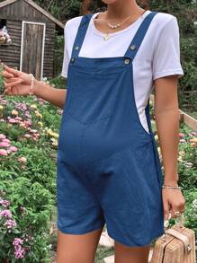 SHEIN Maternity Solid Pocket Patched Overall Romper Without Tee - Teal Blue - View 6