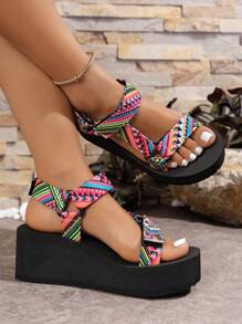 女款楔形涼鞋，粗布面料鞋面，舒適EVA泡沫鞋底，歐美風夏季時尚沙灘鞋 - 彩色 - 查看 3