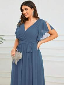 Elegant V-Neck Ruffle Sleeve Floor Length Bridesmaid Dress - Dusty Blue - View 4