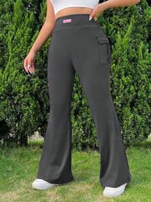 SHEIN EZwear Women's Plus Size Knitted Stretch Solid Color Flare Pants With Pocket - Grey - View 6