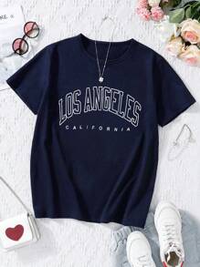 Teen Girls Letter Graphic Tee - Navy Blue - View 1