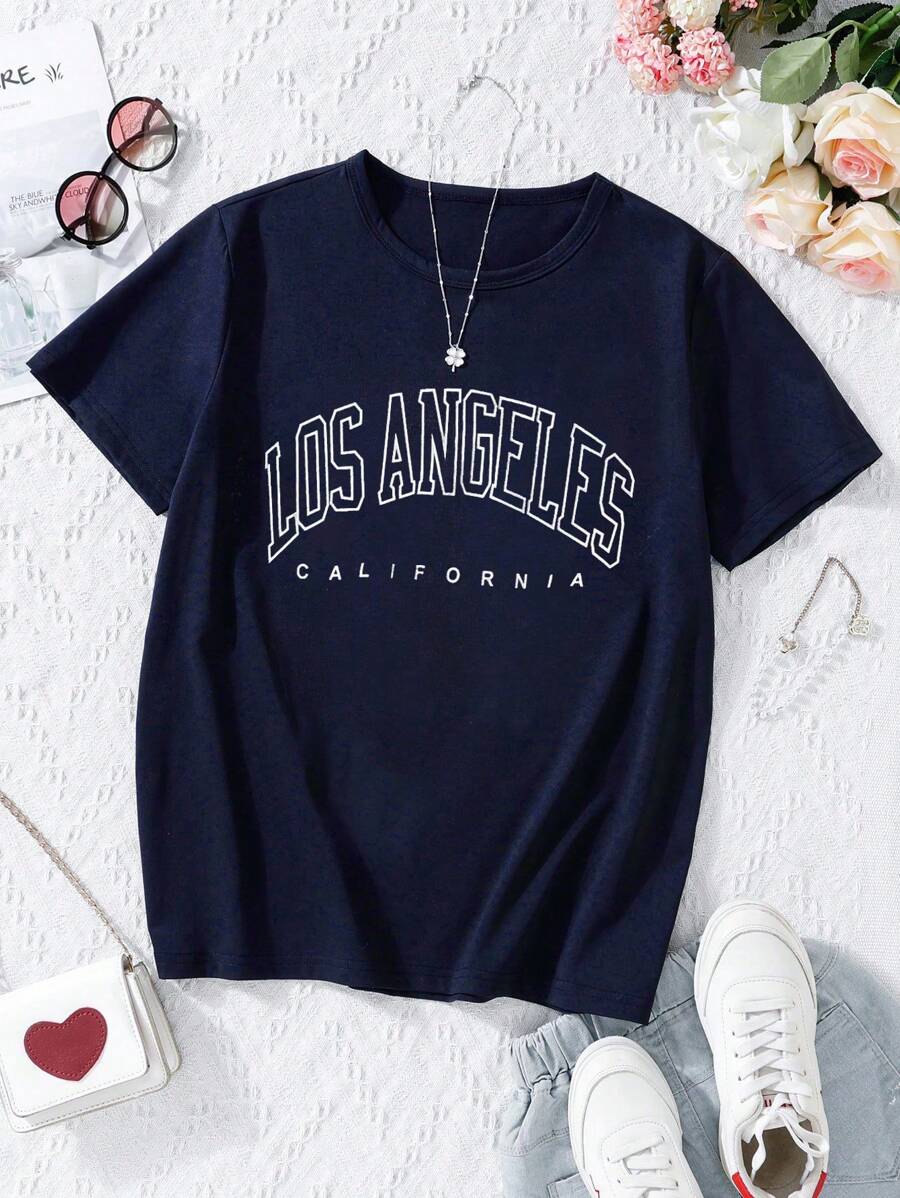 Teen Girls Letter Graphic Tee - Navy Blue - View 1