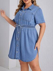 SHEIN Essnce Women's Plus Size Simple Solid Color Short Sleeve Denim Dress For Daily Wear - Light Wash - View 6