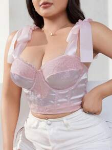 SHEIN 提花圖案緞帶綁帶長型胸罩，可作外穿穿著，帶蕾絲修邊，粉紅色，大碼胸罩＆無線胸罩，稍微塑形 - 粉色 - 查看 3