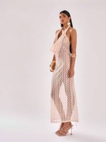 MUSERA Sexy Sheer Halter Cowl Neck Maxi Dress Summer Vacation Spring Beach Wedding Guest, Elegant, Date Night, - Apricot - View 3