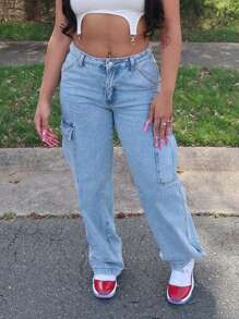 美式休闲基本款洗水多口袋工装牛仔裤 - 淺色水洗藍 - 查看 3