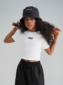 SHEIN Tween Girl Short Crop Top With Raglan Sleeve And Letter Print - White - View 3