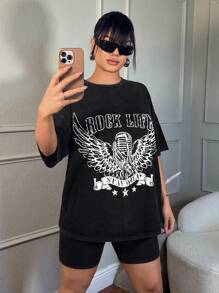 SHEIN SXY Band Pattern Snow Wash Tee & Cycling Shorts Summer Casual Set