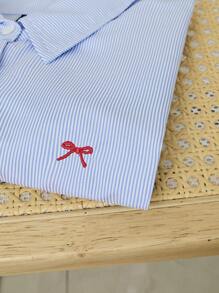 Flirla Bowknot Embroidered Blue Striped Women's Dropped Shoulder Short Sleeve Shirt, Cropped,Short Sleeve Tops