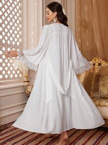 PalaceNights Camisole Sleep Dress And Contrast Lace Robe Elegant Pajama Set White Set Holiday Season, Fall Winter Clothes - White - View 2