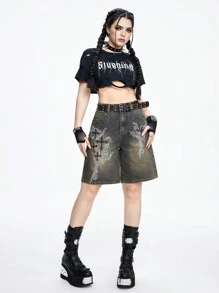 ROMWE Grunge Punk 女士時尚印花休閒牛仔短褲