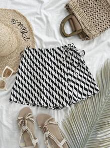 Soleia Women's Casual Wave Pattern Print Shorts With Front Ruffle Trim And Tie-Side - Multicolor - View 4