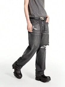 Chillumni Quần Jeans Denim Ống Loe Rách Màu Xám Đậm Cho Nam - Màu xám đen - Xem 12