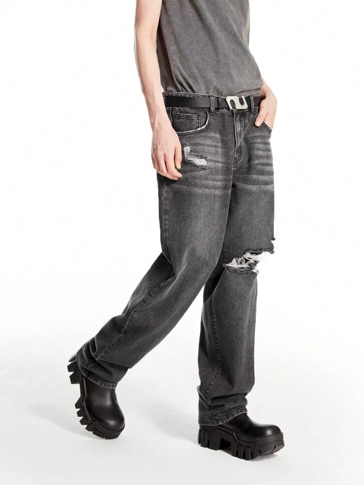 Men's Dark Grey Ripped Loose Flare Denim Jeans
