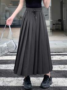 DAZY 纯色抽绳腰褶裙 - 灰色 - 查看 6