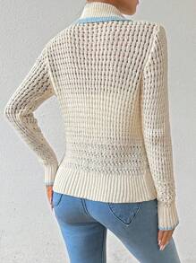 SHEIN LUNE Contrast Binding Trim Tie Front Pointelle Knit Cardigan - Apricot - View 2