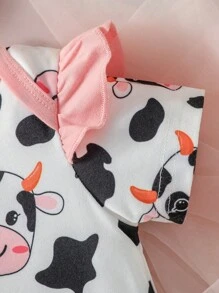 SHEIN Ropa De Una Sola Pieza Con Volantes Y Banda Para La Cabeza Con Diseño Gráfico De Letra Y Vaca Para Bebé Niña