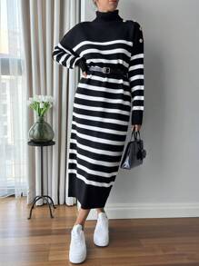 EURMUSE Women's Knitwear Dress With Gold Coloured Buttons - Black and White - View 3