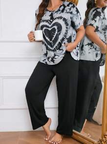 Plus Size Tie-Dye Short Sleeve Top & Solid Color Long Pants Pajama Set, Outfits - Black - View 4