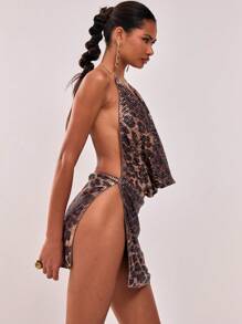 MUSERA 性感亮片豹纹高领迷你连衣裙，适合伊比沙岛，波西米亚风，春季度假夏季节日